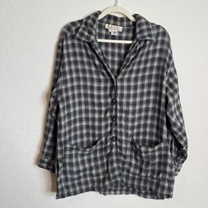 Career Essentials Vintage Pure Wool Plaid Button Down Shirt Black White Large‎
